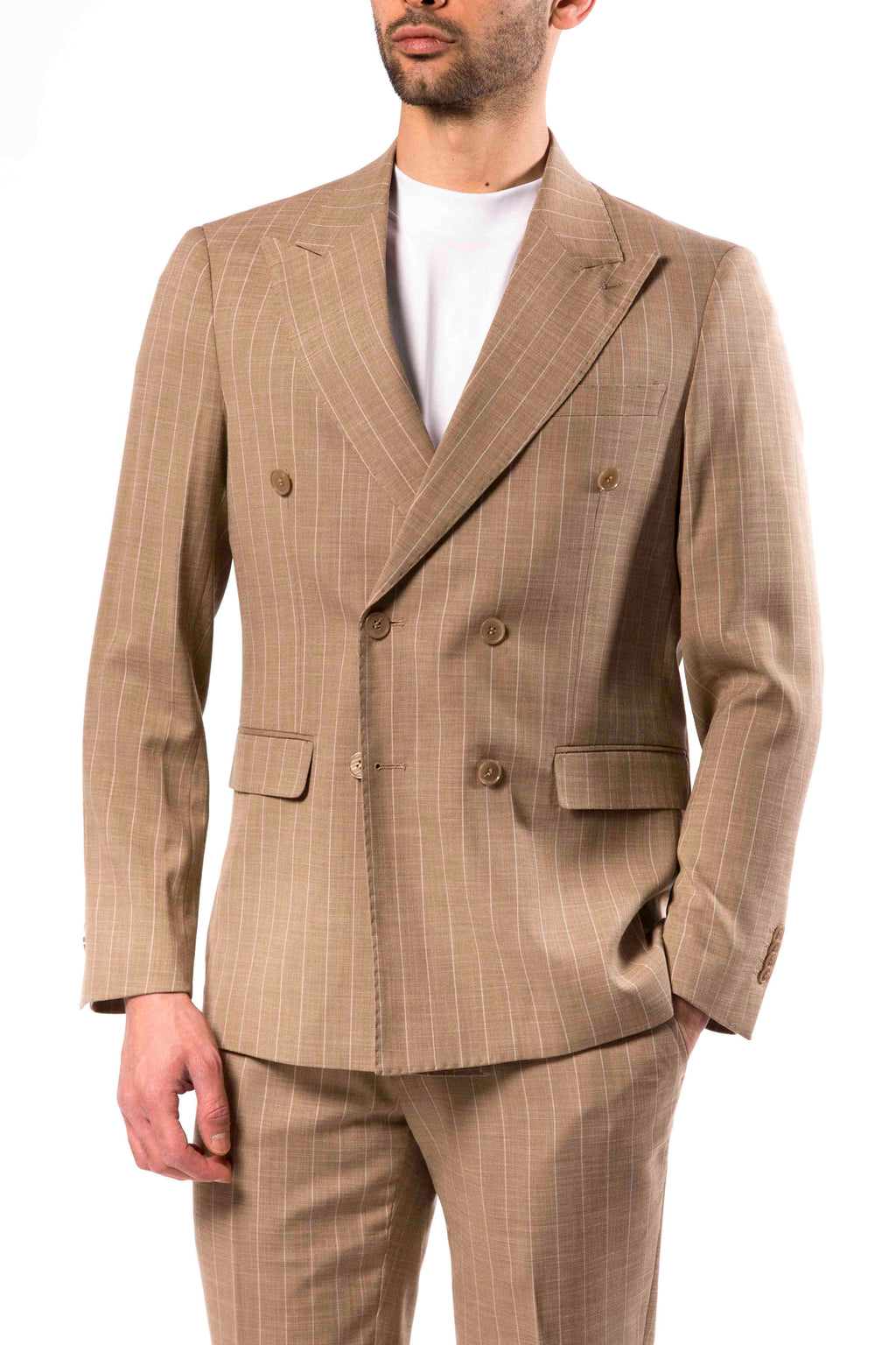 Abito Uomo Beige Gessato Doppiopetto