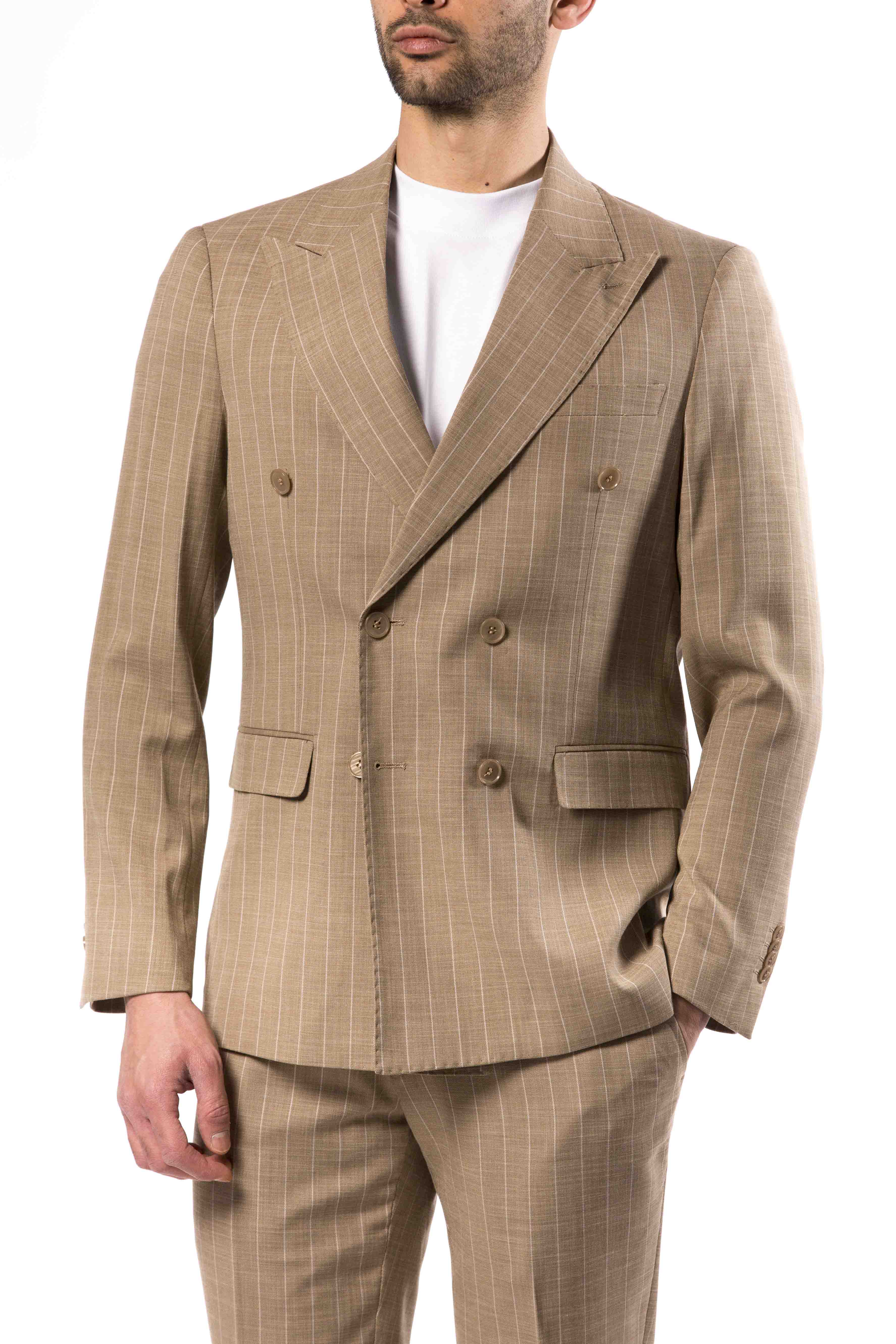Abito Uomo Beige Gessato Doppiopetto