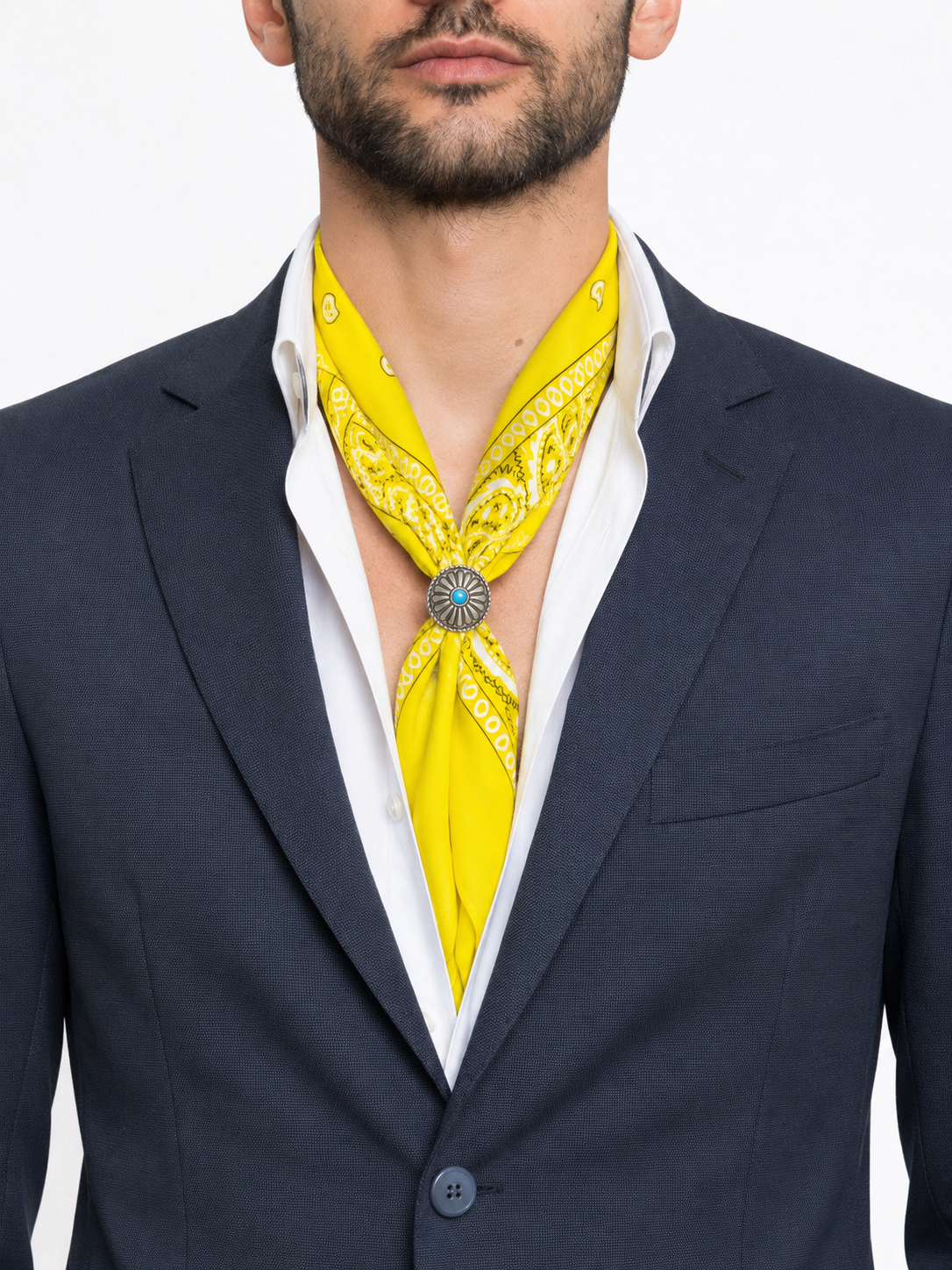 Foulard Bandana Paisley Giallo Lime con Anello Turchese