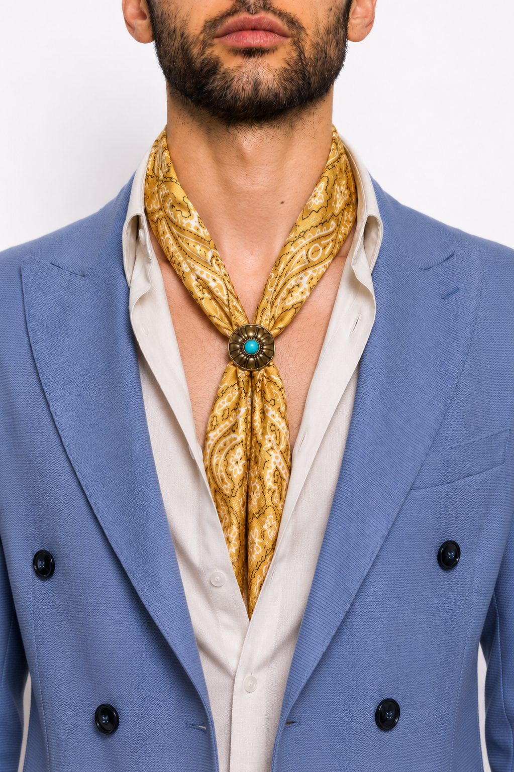 Foulard Bandana Paisley Ocra con Anello Turchese