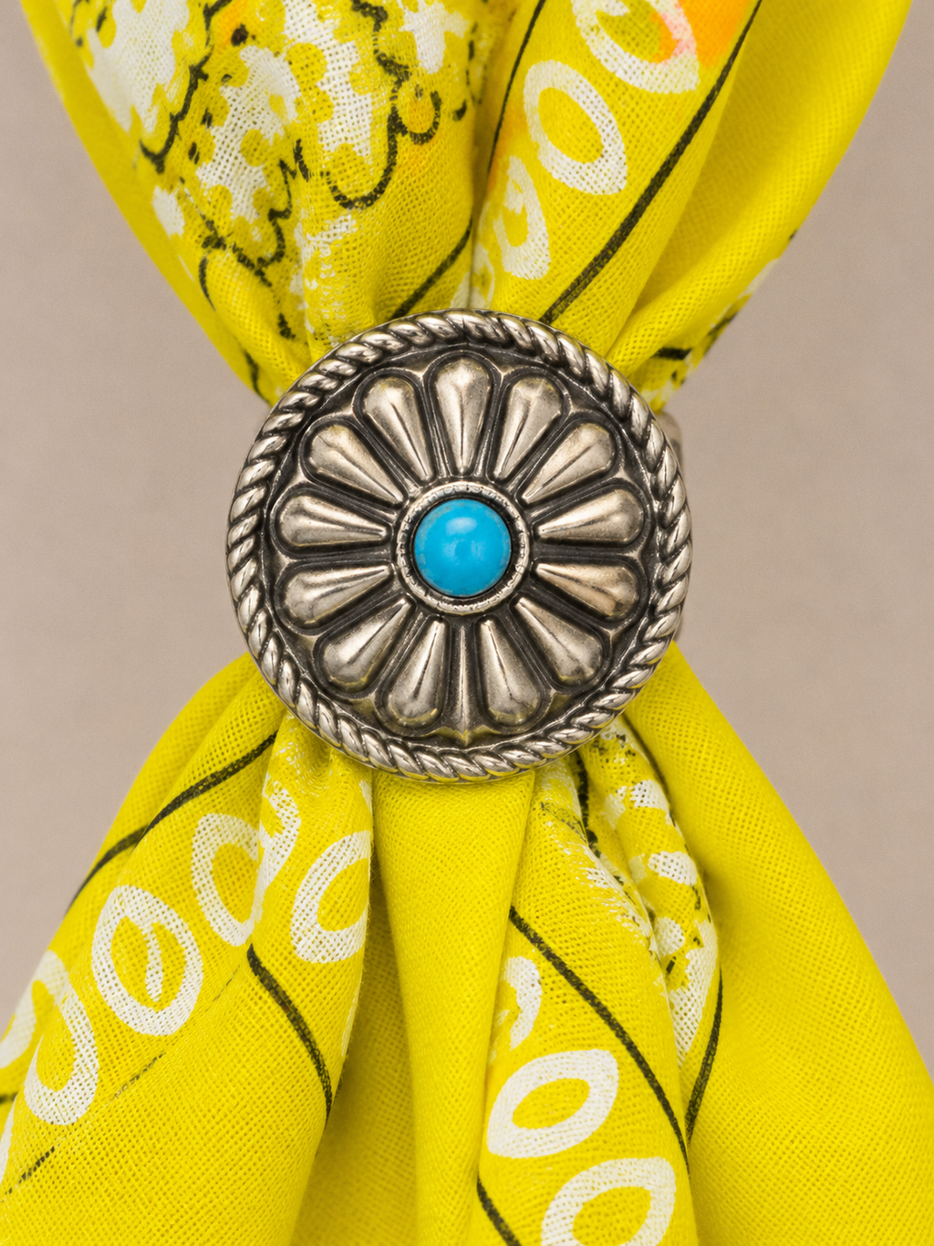 Foulard Bandana Paisley Giallo Lime con Anello Turchese