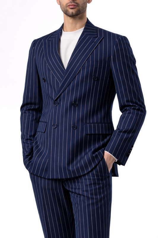 Abito Uomo Blu Gessato Doppiopetto