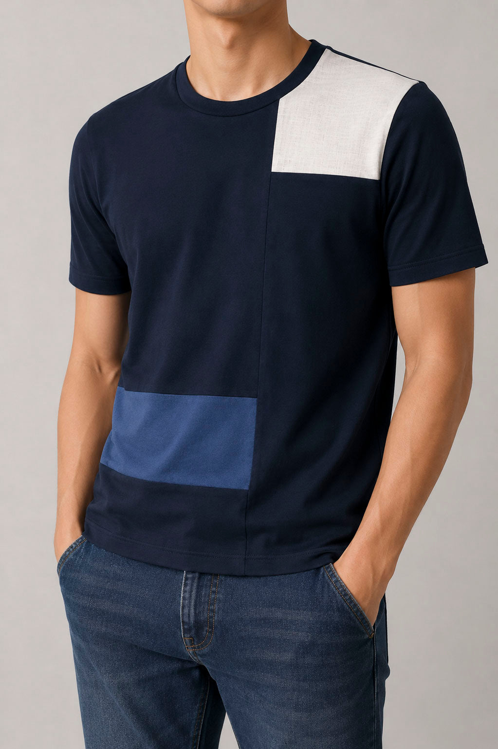 T-Shirt Uomo Color Block con Inserto in Lino