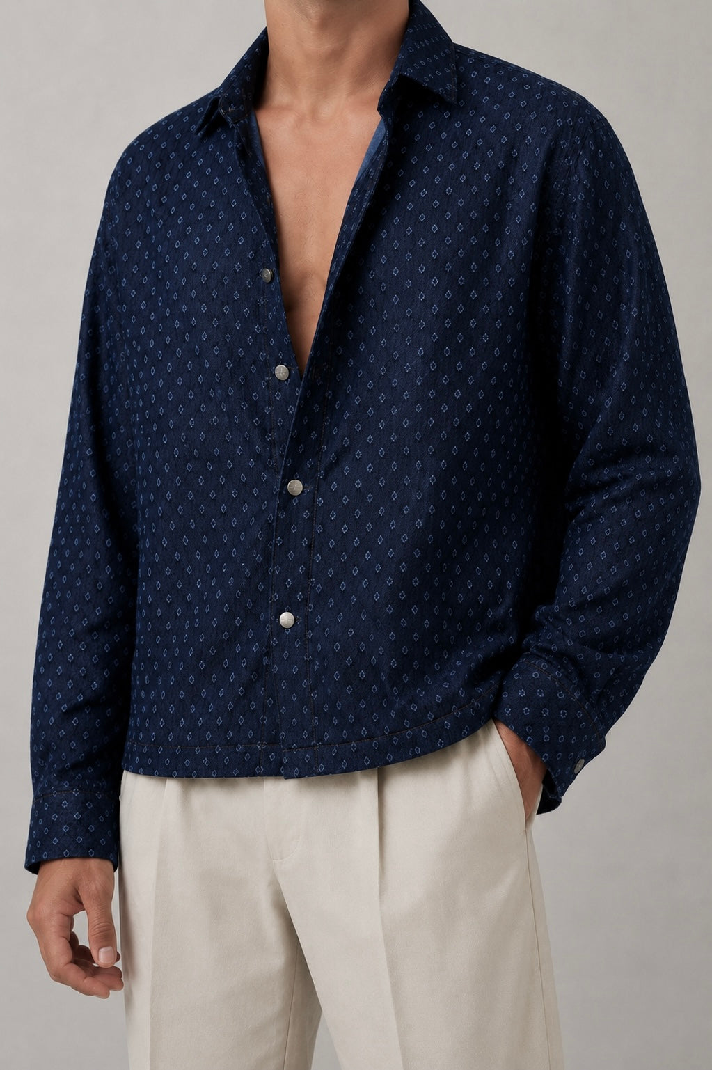 Camicia Overshirt Denim Fantasia Micro Geometrica