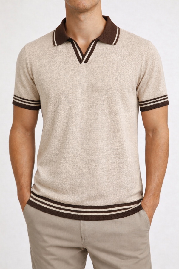 Polo Uomo Maglia Microtexture Collo Aperto Stile Riviera