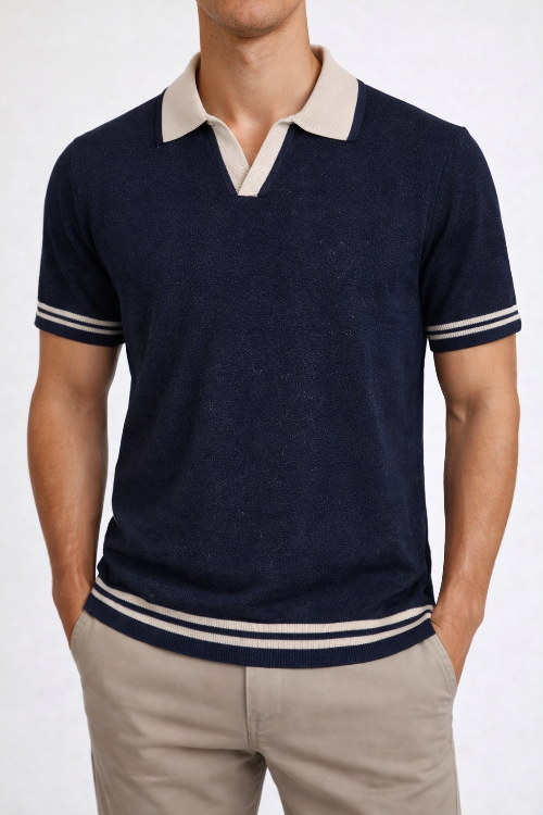 Polo Uomo Maglia Microtexture Collo Aperto Stile Riviera