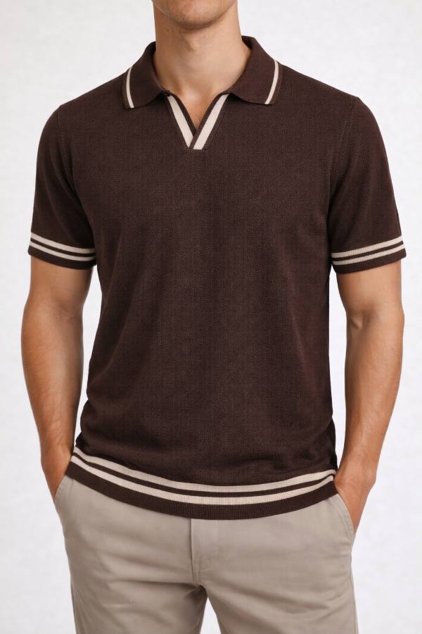 Polo Uomo Maglia Microtexture Collo Aperto Stile Riviera