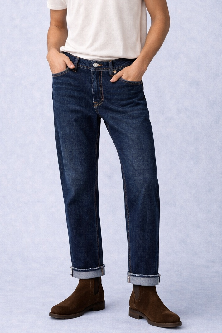 Jeans Denim Scuro Straight Fit Fondo Sfilacciato