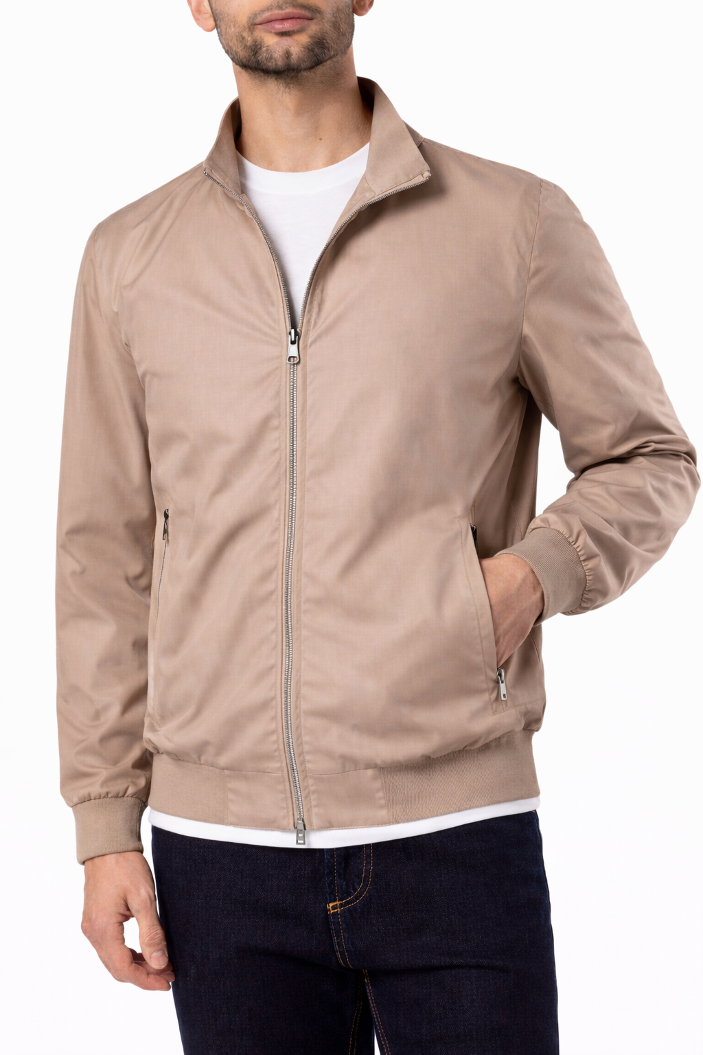 Giubbino Uomo Beige Leggero Zip Collo Alto
