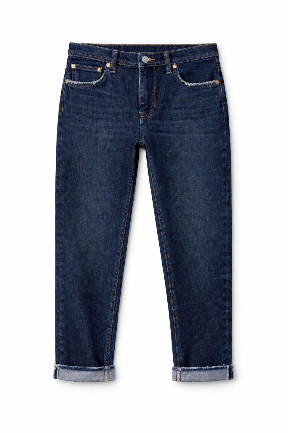 Jeans Denim Scuro Straight Fit Fondo Sfilacciato