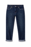 Jeans Denim Scuro Straight Fit Fondo Sfilacciato
