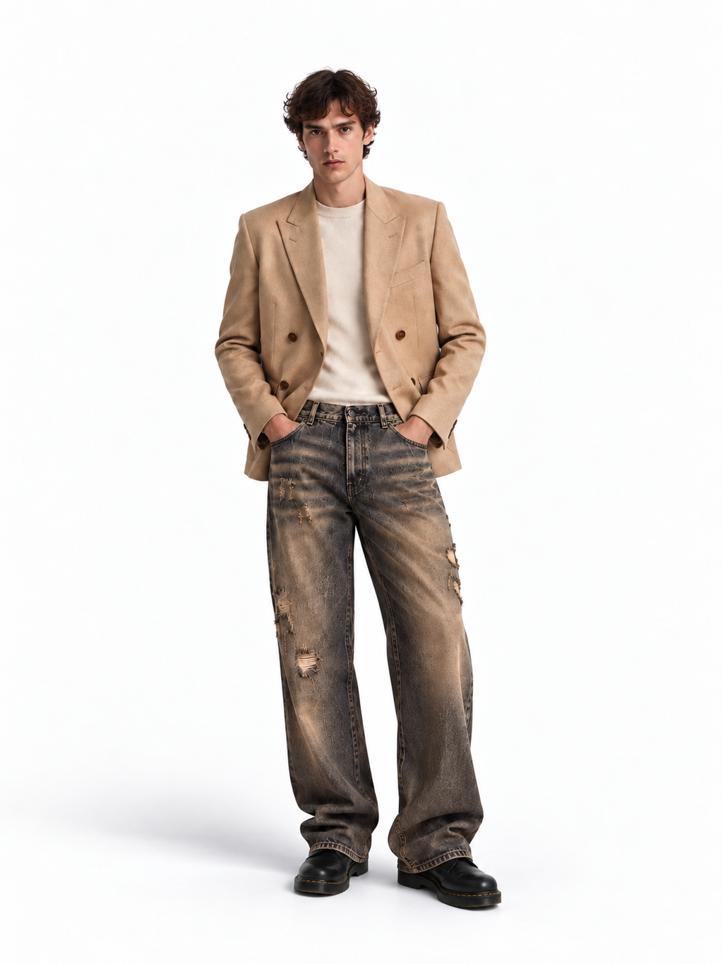 Jeans Wide Leg Vintage Sand - indossato-fronte